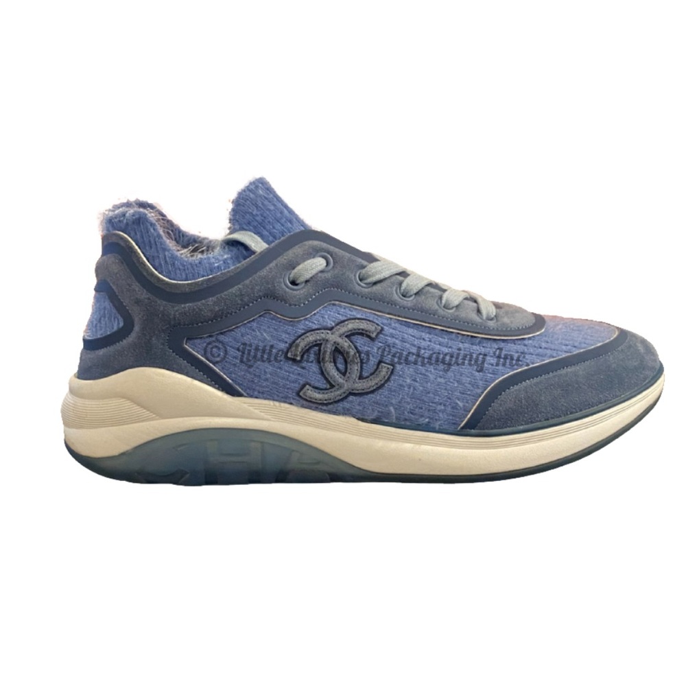 Authentic Chanel Women’s Light Blue Fabric Suede Calfskin CC Logo Sneakers 41